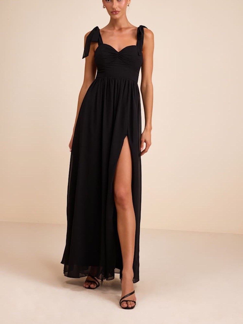 Lulus Radiant Charisma Black Chiffon Ruched Tie Strap Maxi Dress NWT